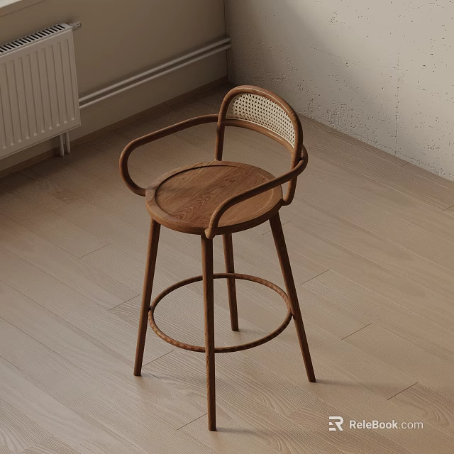Modern Wooden Bar Stool With Rattan Backrest And Sturdy High Leg Comfortable Round Seat Design 3d model 