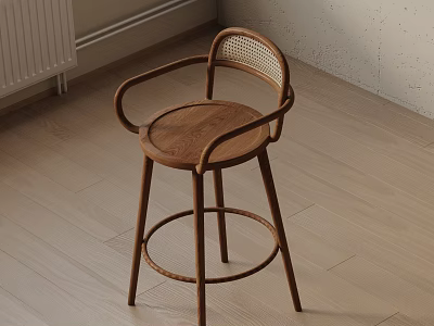 Modern Wooden Bar Stool With Rattan Backrest And Sturdy High Leg Comfortable Round Seat Design 3d model