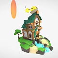 Cartoon Scene With Small Wooden House Chickens On Roof Sun Waterfall Green Grass And Stones
