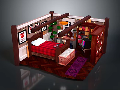 Cozy Bedroom Interior With Red Plaid Bed Bookshelf Green Plants And Framed 3d model