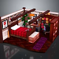 Cozy Bedroom Interior With Red Plaid Bed Bookshelf Green Plants And Framed