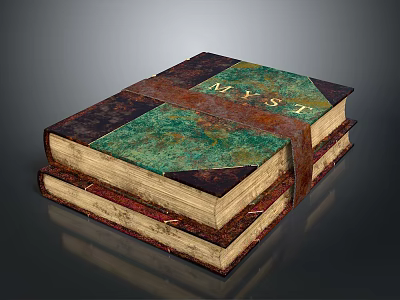 Sculpture Carving of Stacked Old Books Green Brown Decor Gold MYST Lettering Leather Strap 3d model