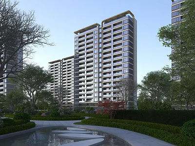 Modern High Rise Residential Building With Lush Trees Green Lawns Pond And Scenic Walkway 3d model