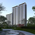 Modern High Rise Residential Building With Lush Trees Green Lawns Pond And Scenic Walkway