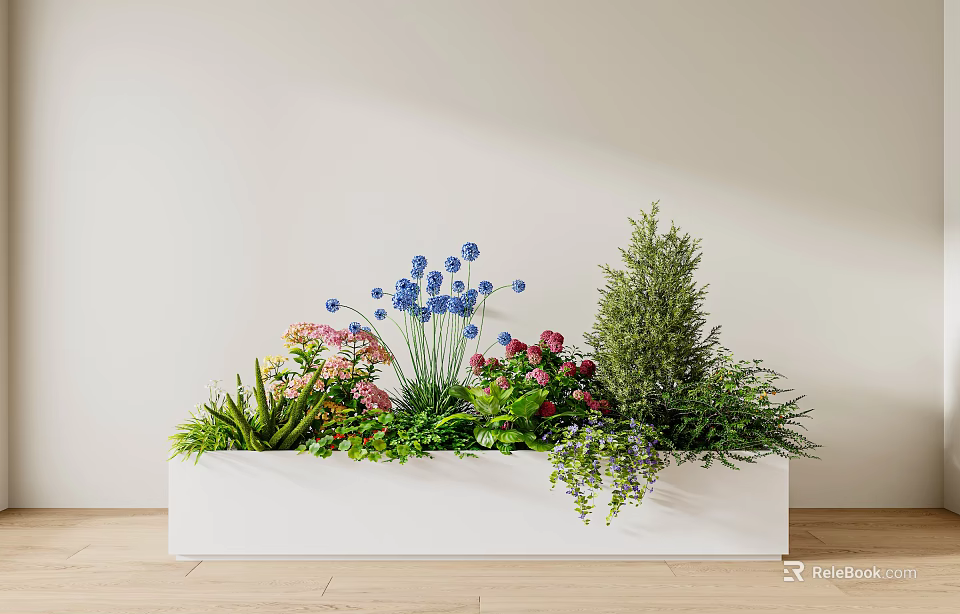 Potted Plants In White Container With Blue Flowers Pink Blooms Green Shrubs And Ferns 3d model 