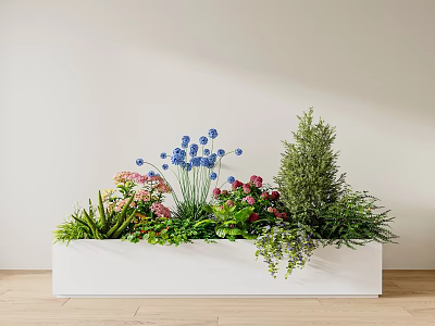 Potted Plants In White Container With Blue Flowers Pink Blooms Green Shrubs And Ferns 3d model
