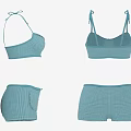 Blue Checkered Bikini Set With Halter Neck Lace Trim And Pocket Shorts