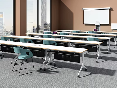 Classroom Setting With Multiple Study Desks Blue Chairs And Projection Screen 3d model