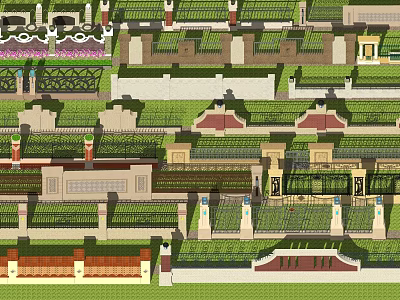 Symmetrical Building Facades With Neatly Arranged Gardens And Ornamental Pillars 3d model