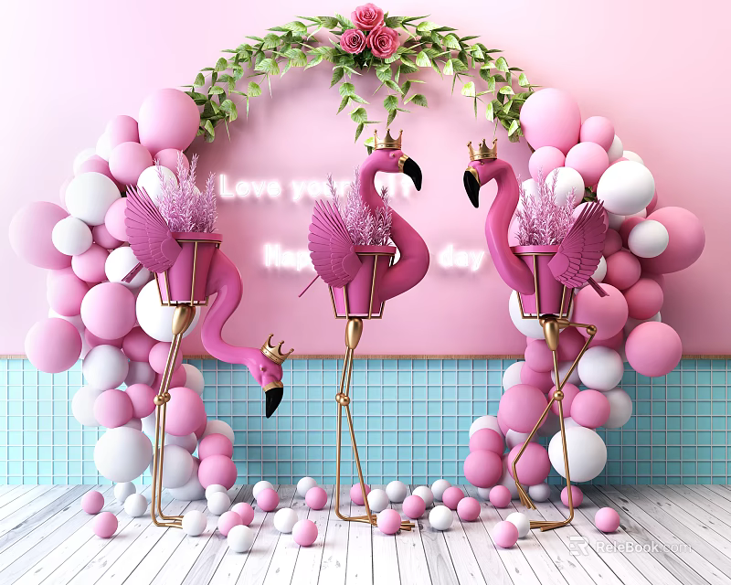 Pink Flamingo Inflatable Decorations Balloon Arch Green Floral Wreath And Love You Every Day Lettering 3d model 