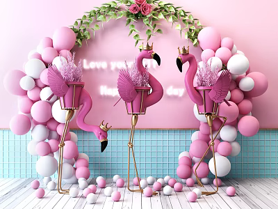 Pink Flamingo Inflatable Decorations Balloon Arch Green Floral Wreath And Love You Every Day Lettering 3d model