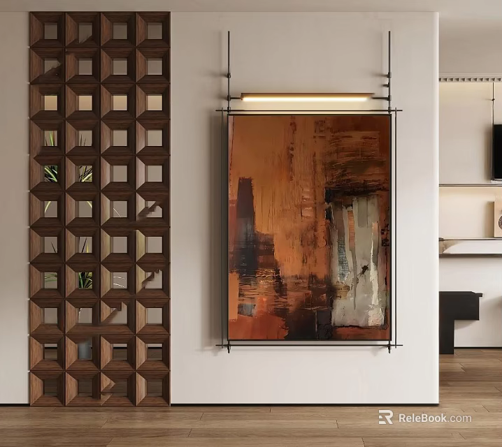 Warm Tones Abstract Painting In Modern Interior With Wooden Lattice And Hanging Lamp 3d model 