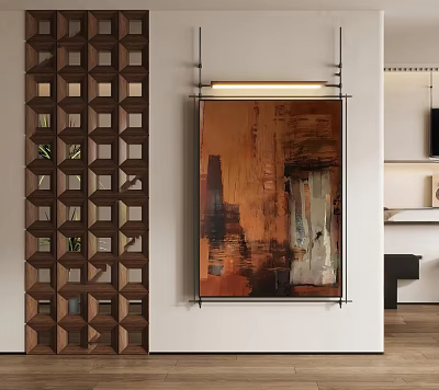 Warm Tones Abstract Painting In Modern Interior With Wooden Lattice And Hanging Lamp 3d model