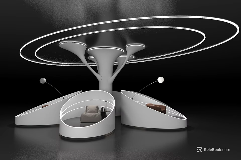 Modern Interior With White Curved Structure Tree Like Support And Circular Lights 3d model