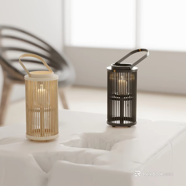 Light Bamboo And Black Metal Candle Lanterns With Handle Design For Indoor Tabletop Decor 3d model 