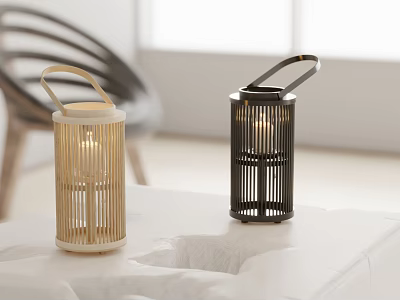 Light Bamboo And Black Metal Candle Lanterns With Handle Design For Indoor Tabletop Decor 3d model