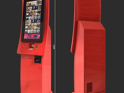 Red Self Service Kiosk With Digital Screen And Control Panel For Public Use 3d model