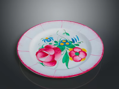 Floral Sculpture Carving On White Plate With Pink Border And Colorful Flowers 3d model