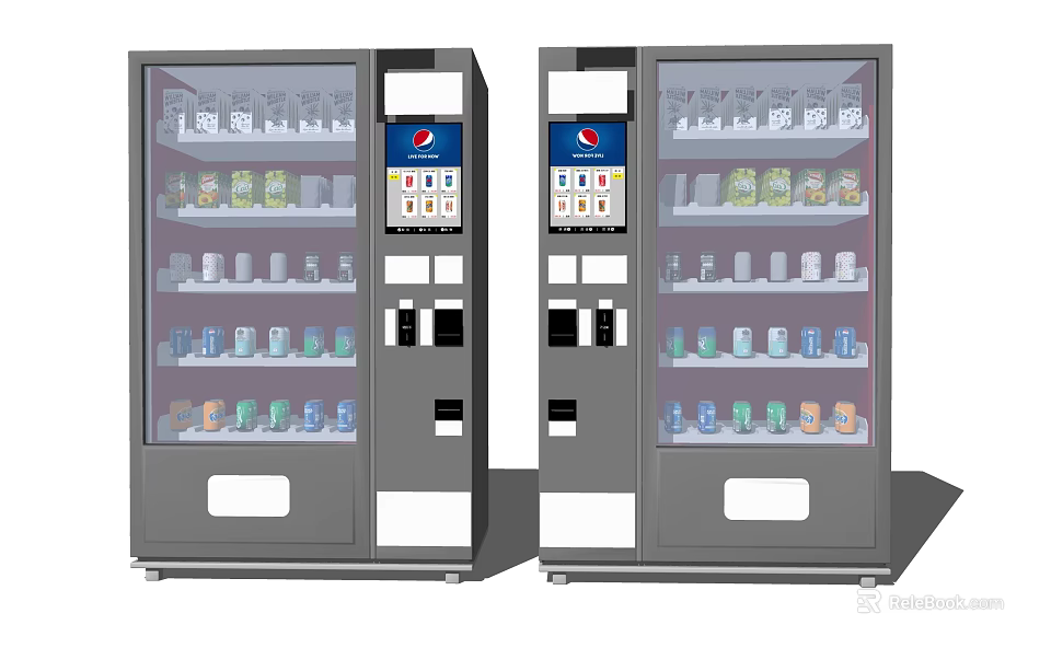 Public Vending Machines with Assorted Beverages Snacks Silver Body Transparent Doors 3d model 
