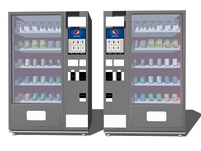 Public Vending Machines with Assorted Beverages Snacks Silver Body Transparent Doors 3d model