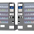 Public Vending Machines with Assorted Beverages Snacks Silver Body Transparent Doors