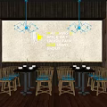 Modern Restaurant Interior With Wooden Bar Counter And Stools Silver Metal Equipment And Decorative Panels
