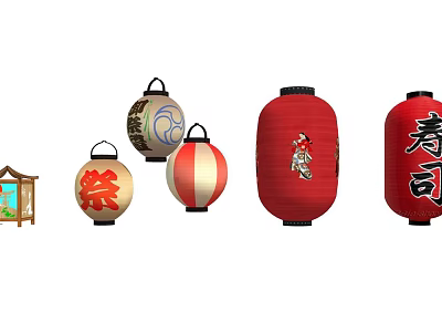 Various Traditional Chinese Lanterns With Red Beige Striped Designs And Character Patterns 3d model