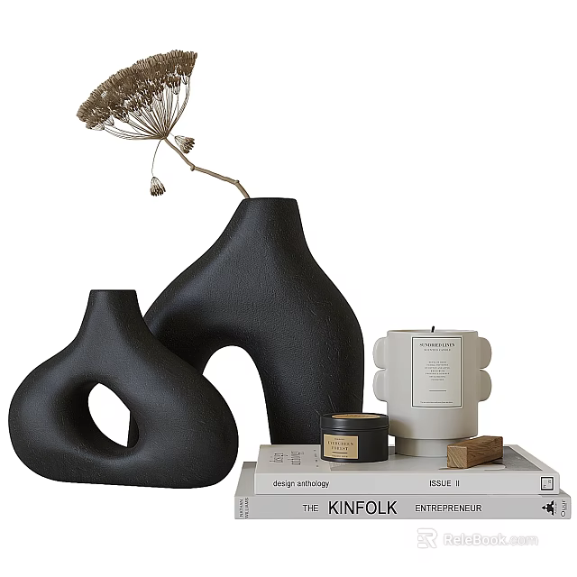 Decorative Ornament Set with Black Vases Hollow Design Dried Flower White Candle and Books 3d model 