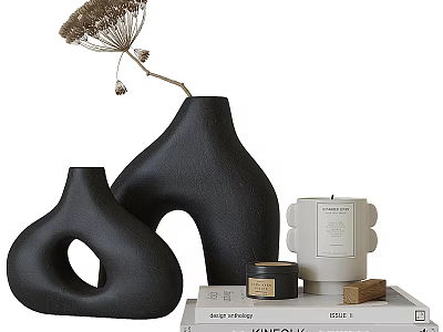 Decorative Ornament Set with Black Vases Hollow Design Dried Flower White Candle and Books 3d model