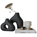 Decorative Ornament Set with Black Vases Hollow Design Dried Flower White Candle and Books