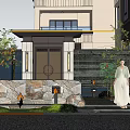 Traditional Chinese Garden Landscape With Stone Wall Porch Lanterns And Green Plants
