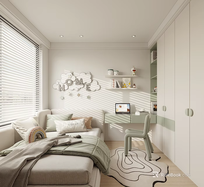 Light Colored Kids Room Interior With Cloud Decor Blinds Window Sofa Bed And Desk Chair 3d model 