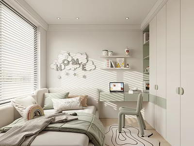 Light Colored Kids Room Interior With Cloud Decor Blinds Window Sofa Bed And Desk Chair 3d model