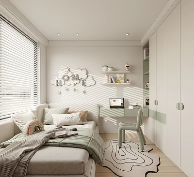 Light Colored Kids Room Interior With Cloud Decor Blinds Window Sofa Bed And Desk Chair 3d model