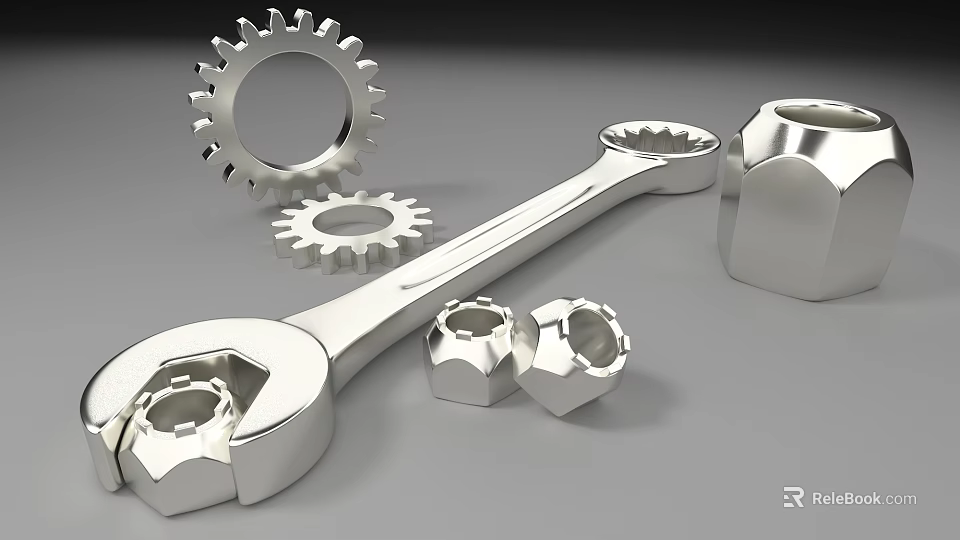 Essential Stainless Steel Hardware Tools With Wrench Gears Nuts And Bolt 3d model 