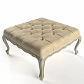 Beige Upholstered Ottoman With Tufted Surface And Elegant Curved Wooden Legs