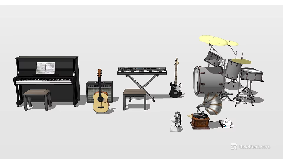 Assorted Musical Instruments Collection Featuring Piano Guitar Keyboard And Drum Set 3d model