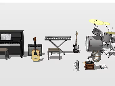 Assorted Musical Instruments Collection Featuring Piano Guitar Keyboard And Drum Set 3d model