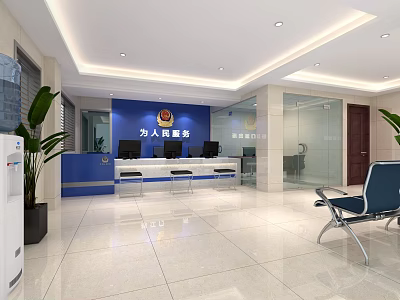 Modern Government Service Hall With Service Counters Office Computers And Green Plants 3d model