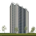 Modern High Rise Residential Building with Glass Exterior Surrounded by Green Trees and Lawns