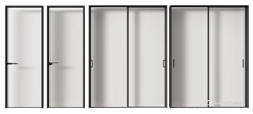 Modern Sliding Doors With Vertical Striped Glass And Black Frames 3d model 