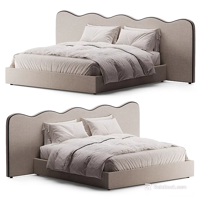 Modern Minimalist Double Bed With Curved Upholstered Headboard And Light Beige Linens 3d model 