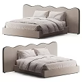 Modern Minimalist Double Bed With Curved Upholstered Headboard And Light Beige Linens