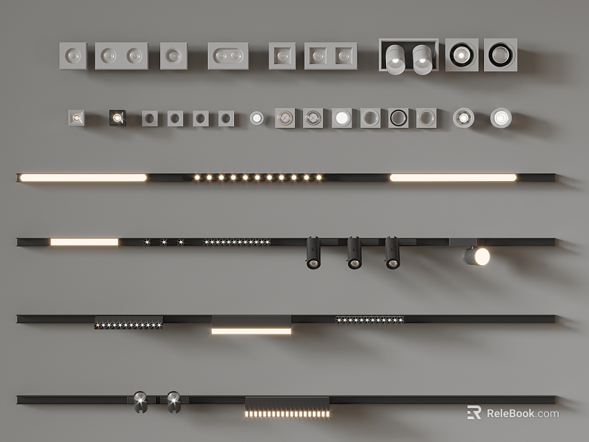 Modern Interior Lighting Combination With Strip Square And Round Light Fixtures 3d model 