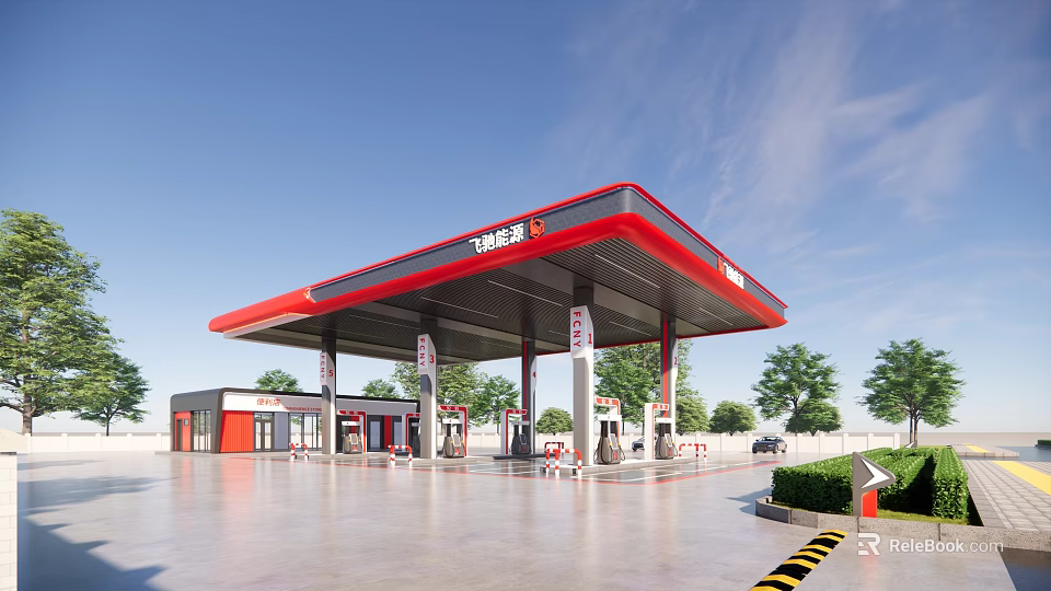 PetroChina Gas Station With Red Canopy Fuel Dispensers And Convenience Store 3d model 