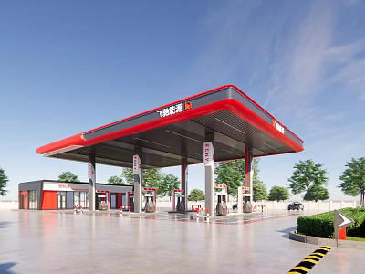 PetroChina Gas Station With Red Canopy Fuel Dispensers And Convenience Store 3d model