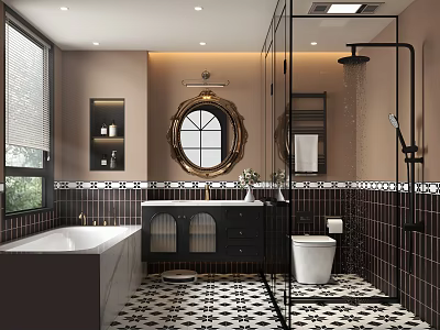 Retro Luxury Bathroom Interior Design With Embedded Bathtub Glass Shower Enclosure And Golden Round Mirror 3d model