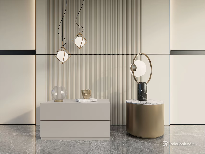 Modern White Gold Nightstands With Drawers Round Top Table Lamp Decorative Items And Pendant Lights 3d model 