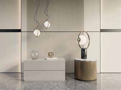 Modern White Gold Nightstands With Drawers Round Top Table Lamp Decorative Items And Pendant Lights 3d model