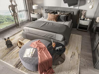 Modern Double Bed with Gray Bedspread Pillows and Bedside Table Lamp on Bedroom Rug 3d model